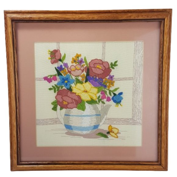 Vintage Needlepoint Framed Artwork Teapot of Flowers on Kitchen Table by Window - Picture 1 of 16